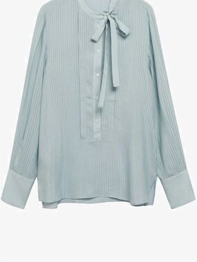 Mango Pale Blue Pintuck Tie-Neck Blouse